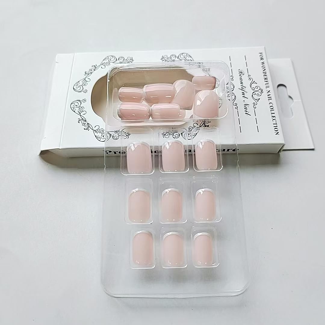 24 Pcs White French Press on Nails Short Square Summer Fake Nails Nude Pink F…