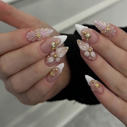 3D Press on Nails Almond Medium Length Embossed Flower Fake Nails with style-23
