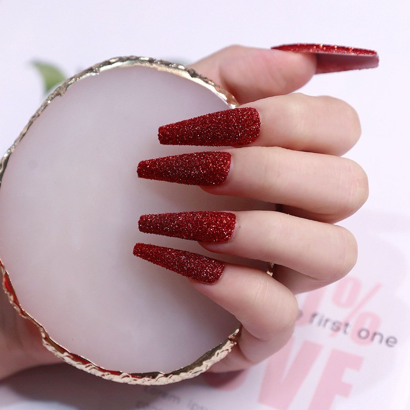 48Pcs-Red Glitter Press on Nails Long Coffin Nail Art Sparkly Solid Color