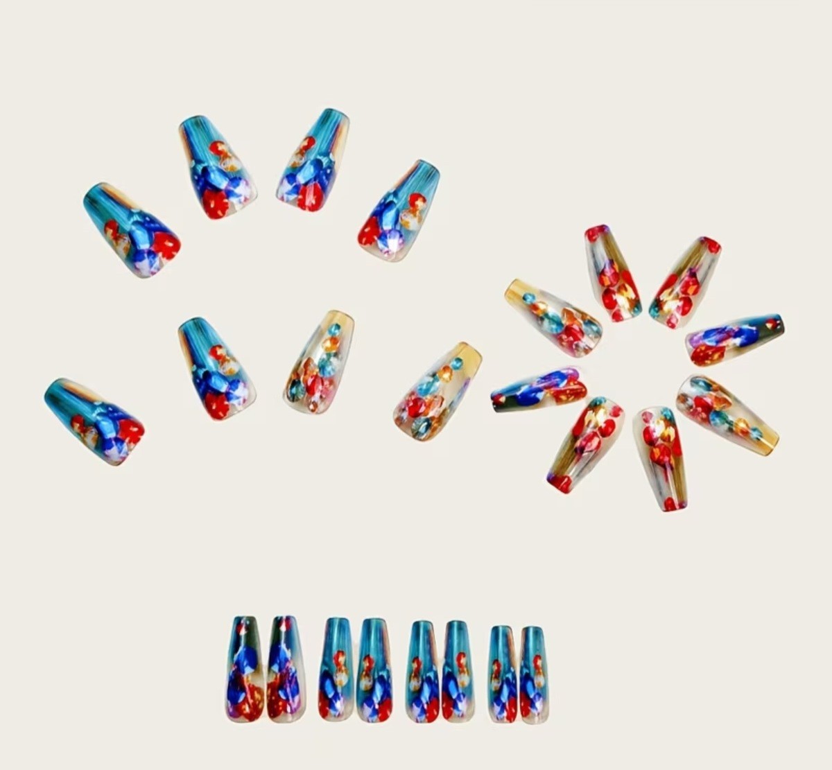 Set Blue and Red Contrast Color Dazzling Gemstone Long Nails, BUY 1 GET 1 GREE