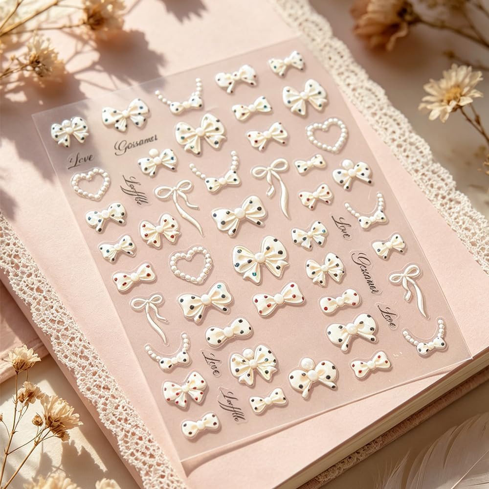 5D Embossed Polka Dot Bow Nail Stickers Shell Light Cute Heart Bow Nail Decals F