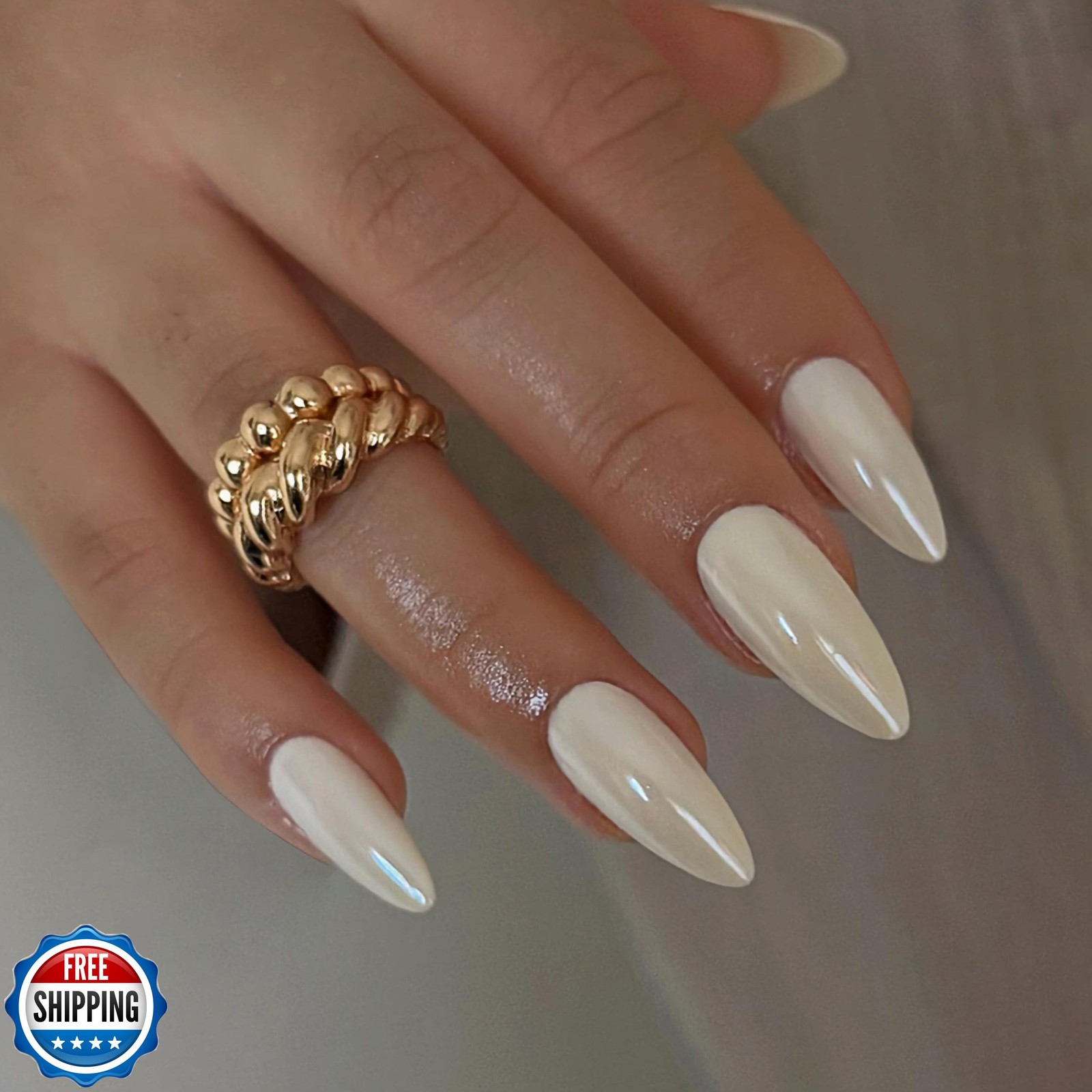 Qsnidy Chrome Press On Nails Almond, Glazed Pearl White Glue on Nails Medium