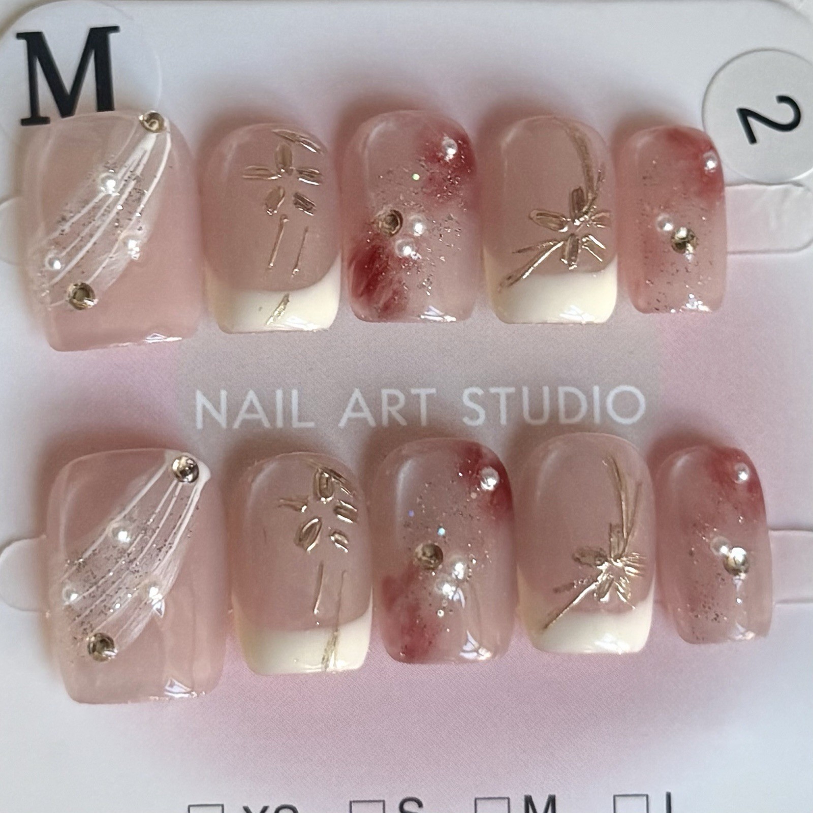 Handmade White French Tip Press-On Nails Short Square Size M Reusable Fake Nails