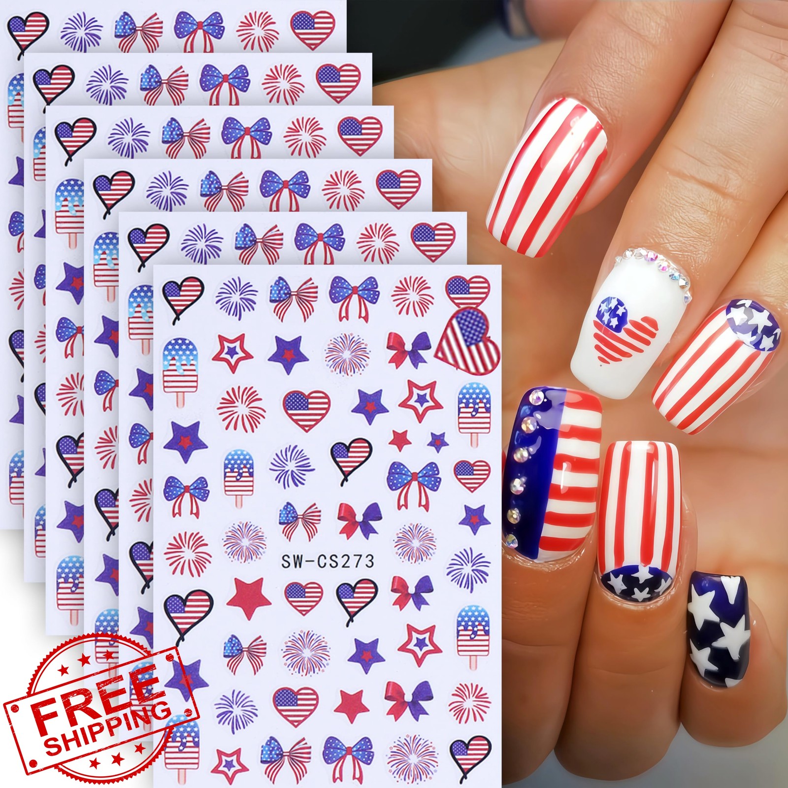 Aoustratum 6 Sheets 4th July Nail Stickers Flag Firework