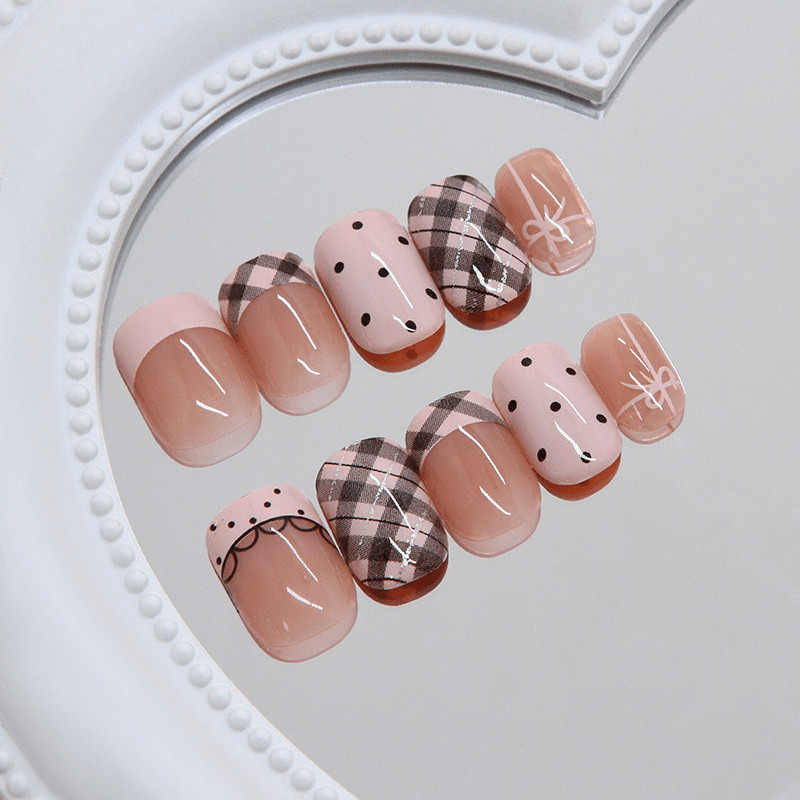48Pcs Short Square Pink Plaid Polka Dot Press on Nails Cute Fake Nails