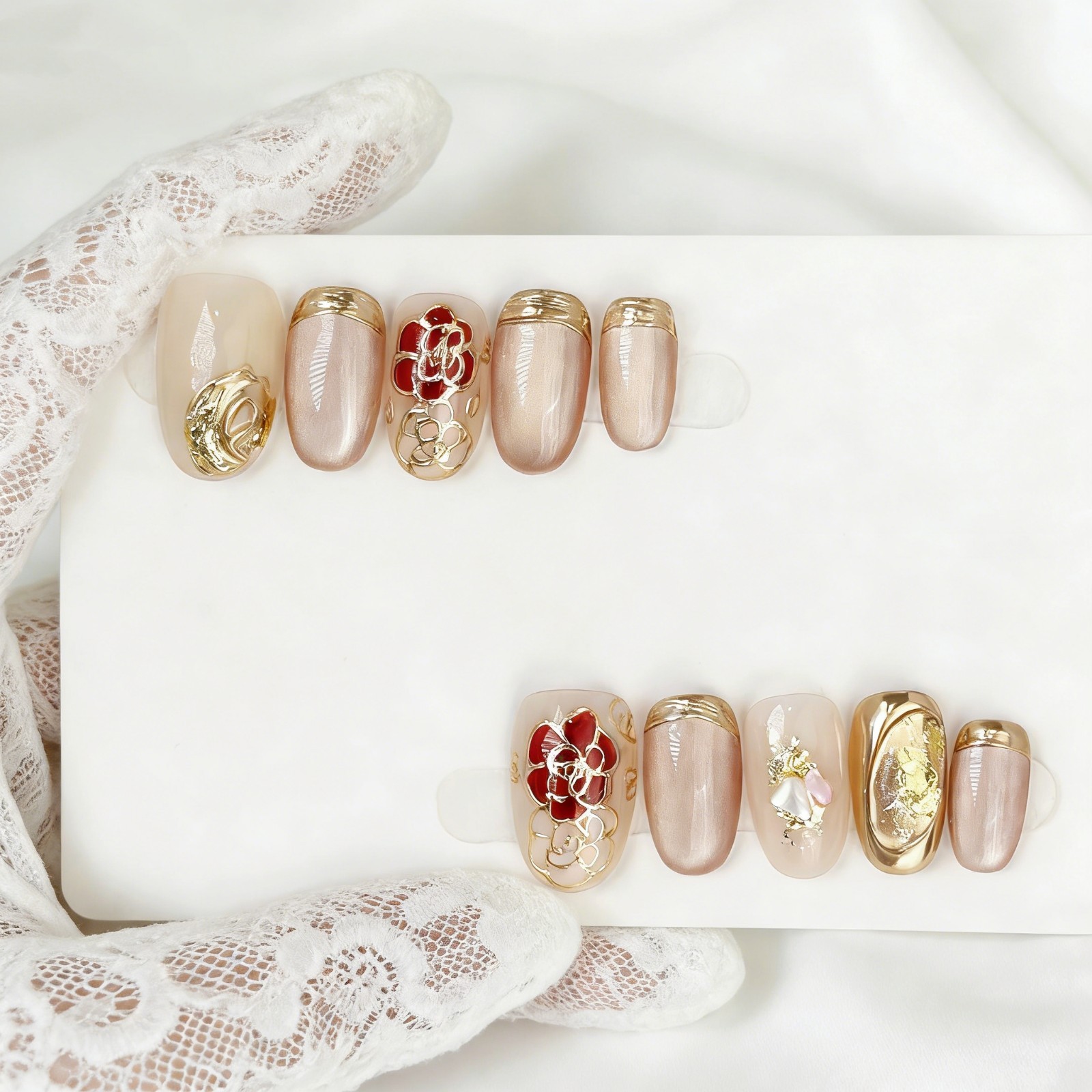 Nude Pink Floral Press On Nails Oval Gold Foil Handmade Elegant Set Gift For Her