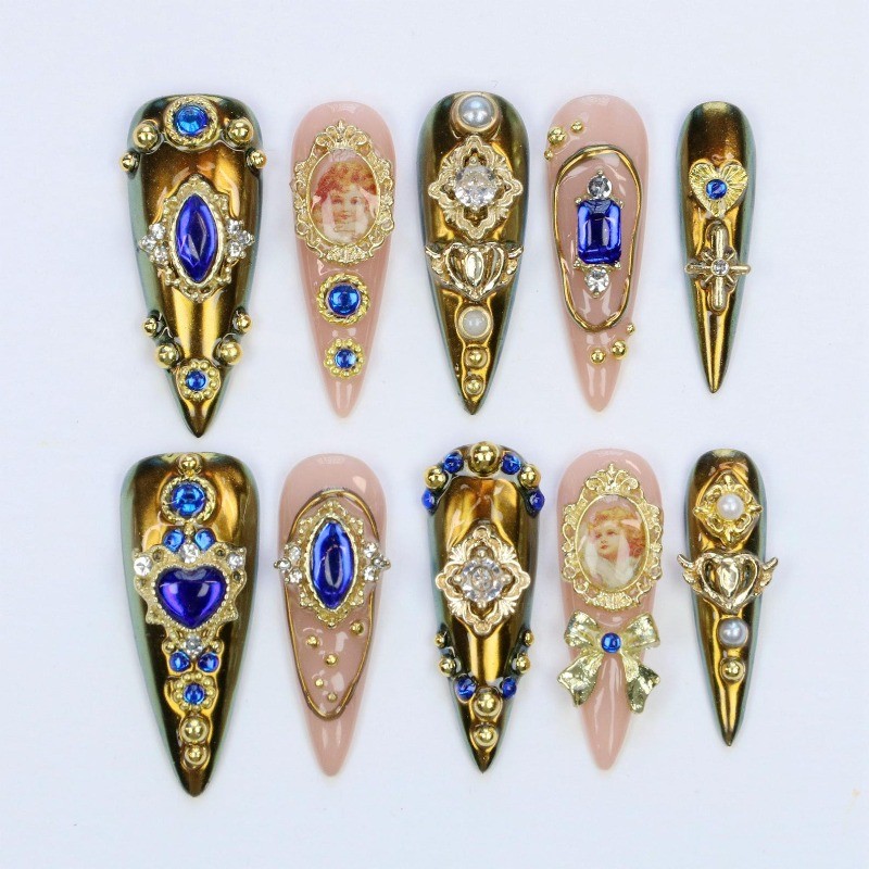 Custom Pure Handmade Nails Gold Sapphire Portrait Bow European Vintage Manicure