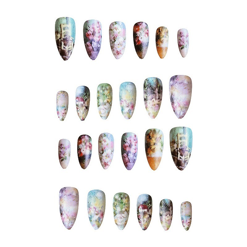48 Pcs of Oil Painting Style Countryside Flower Fake Nails, Removable Nail Art