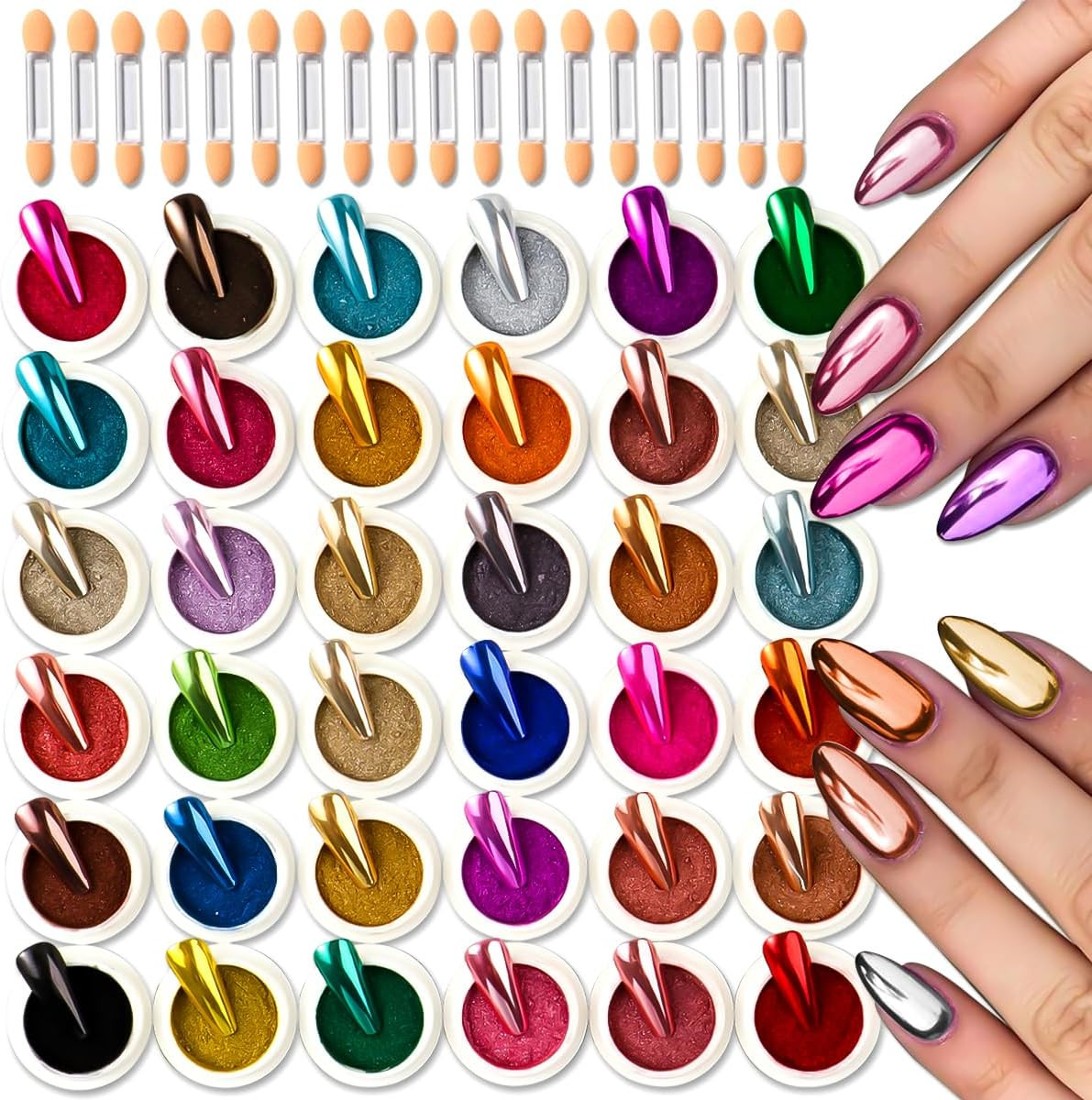 36 Jars Chrome Nail Powder Kit, Metallic Mirror Chrome Powder Pigment for Gel Na