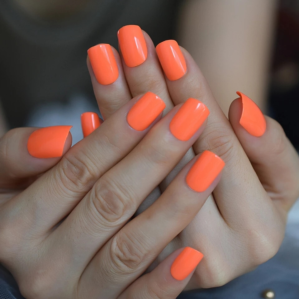 New 24 Press On Nails Kit w glue short neon orange bright