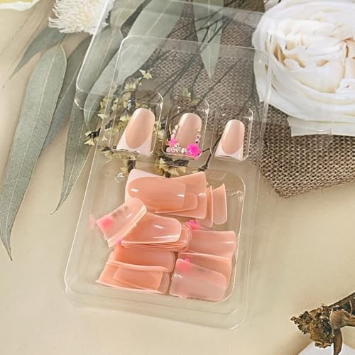 Press on Nails Duck Shaped Glossy Full White French and Pink Floral Rhinestone