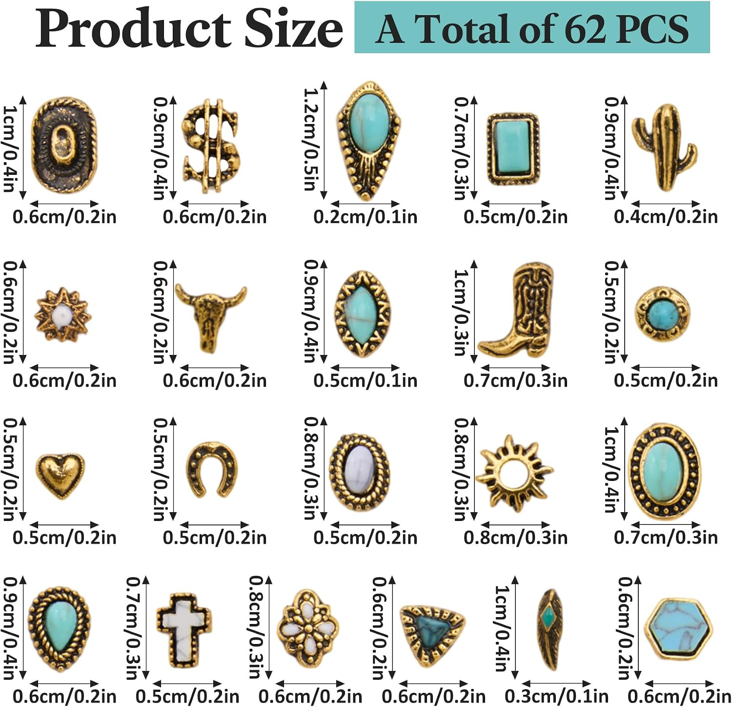 62 PCS Western Nail Charms – 3D Vintage Western Nail Charms and Gems Art Cowboy