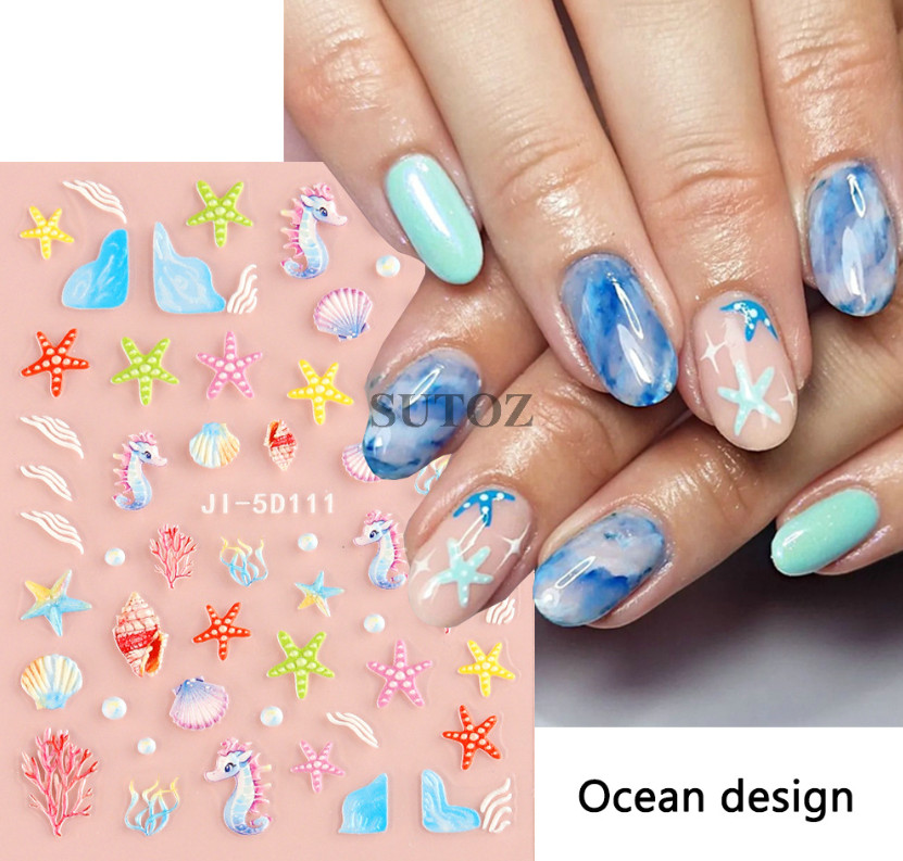 Summer Ocean Dolphin Shell Star Footprint Stickers 5D Embossed Nail Art Decals