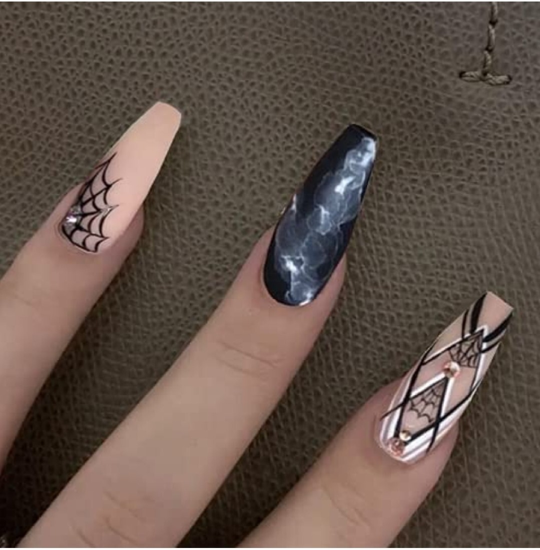 24 Witchy matte nude black press on nails kit glue spiderweb goth halloween edgy