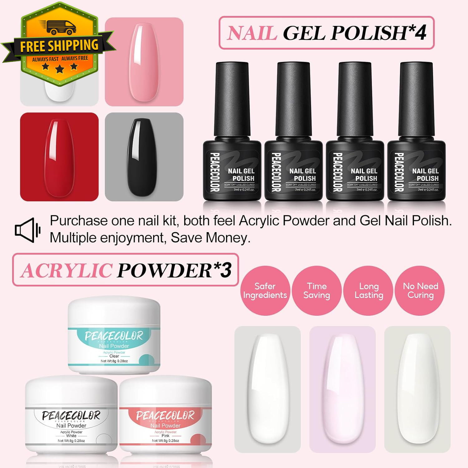 Acrylic Nail Kit With Drill UV Light 3 Powder Glitter Tips DIY Home Salon Set