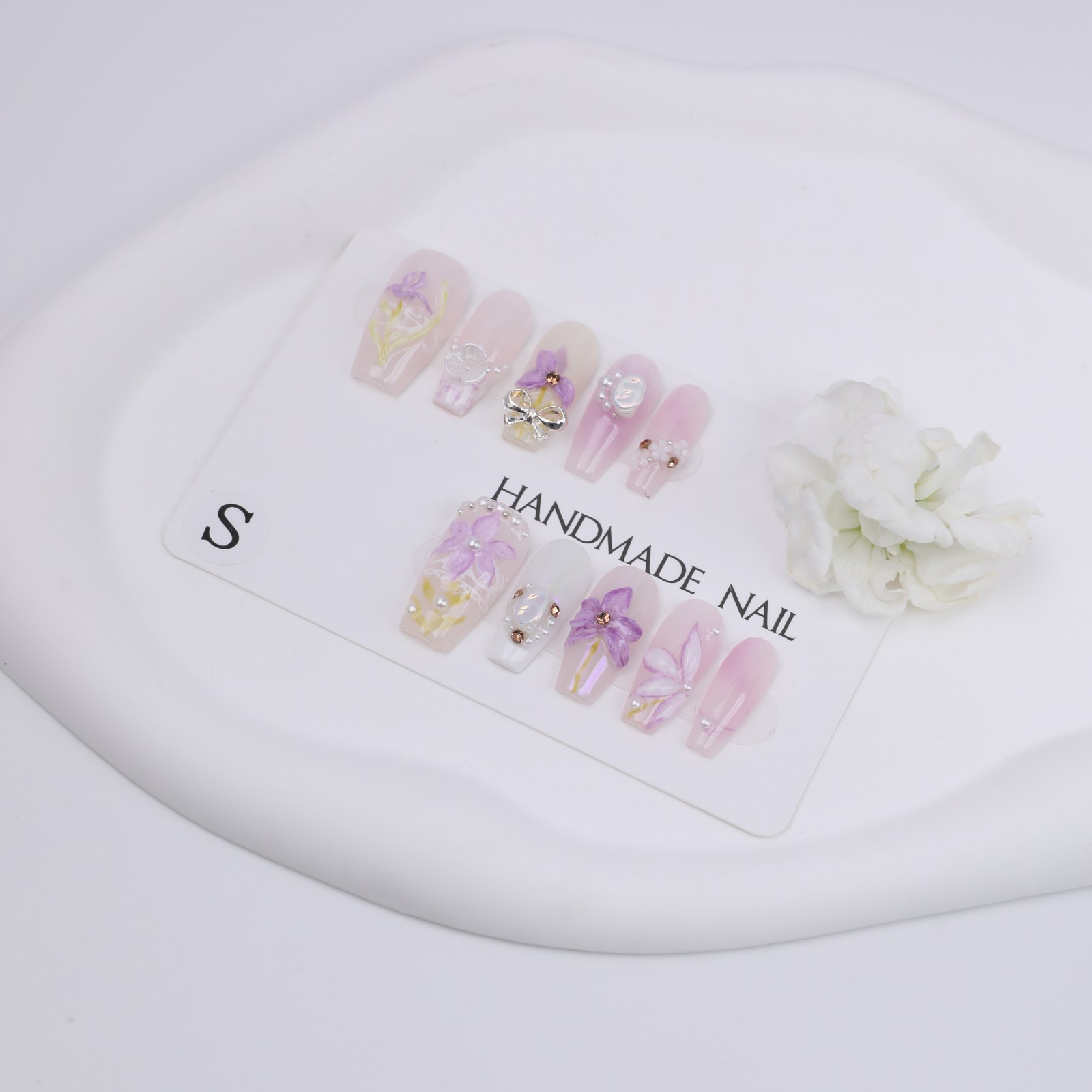Handmade Pink Purple Lily Press On Nails Medium Coffin Pearl Bow Fairy Elegant