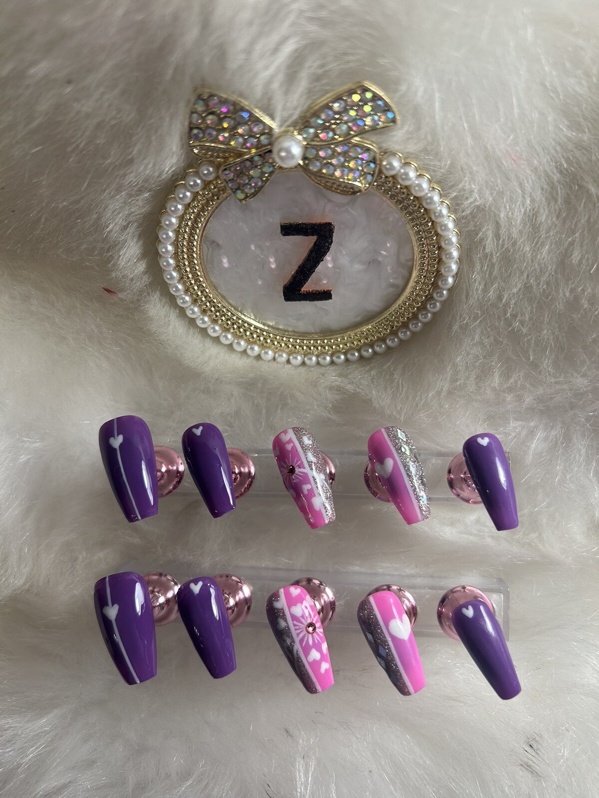Z NAILZ! Handmade M Coffin Set Of Pink/purple/silver W/ White Hearts Press Ons