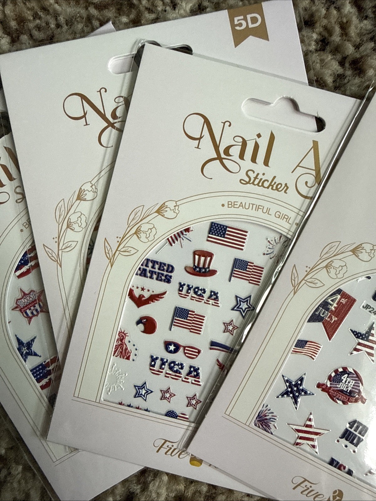 Nbntgh Red, White, Blue 5D Nail Stickers 4 Sheets