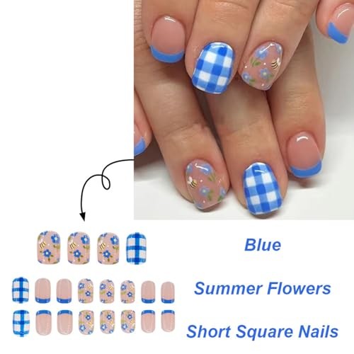 French Tip Press on Nails Cute Bee Flower False Nails Glossy Blue White Check