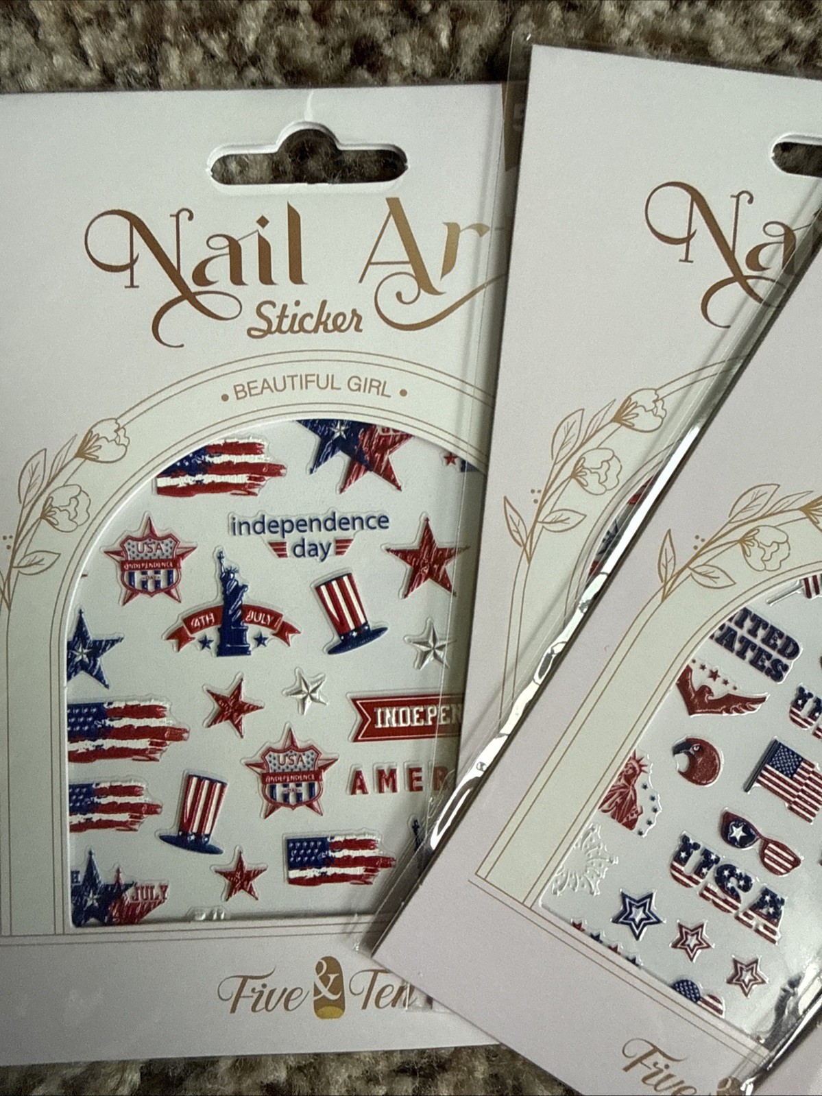 Nbntgh Red, White, Blue 5D Nail Stickers 4 Sheets