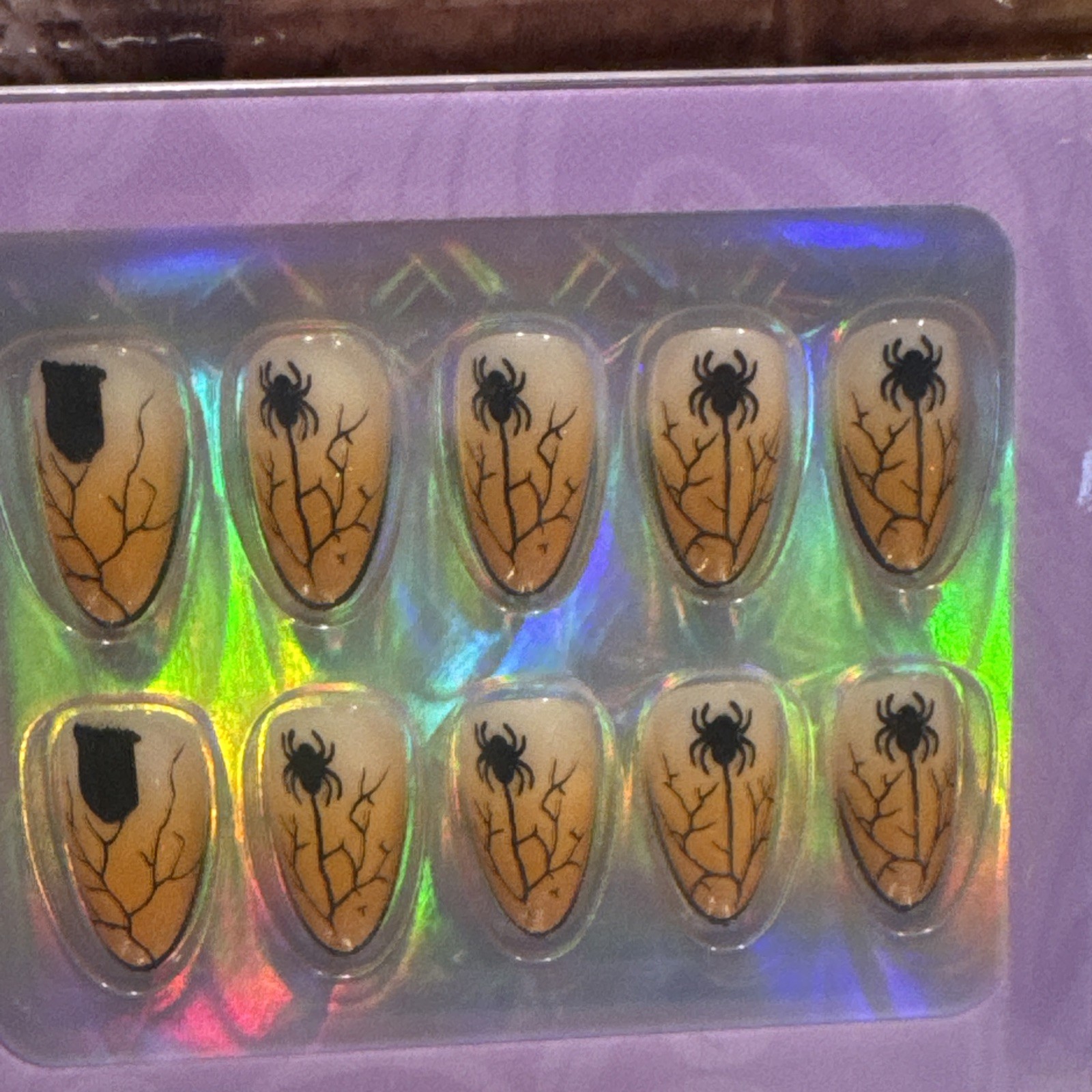 Herlight Press-On Nude Orange Spider Webb 3/4” Reusable Nails Full Set w/glue
