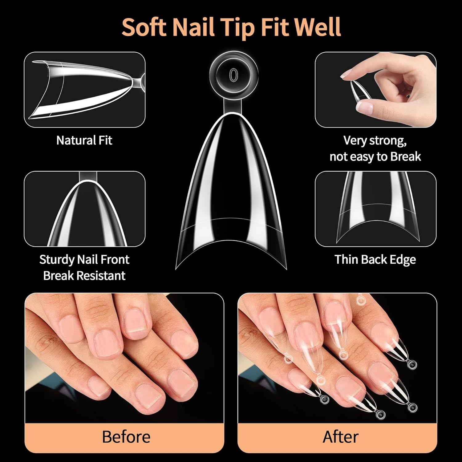 Luxury Clear Almond Nail Tips: 300PCS Soft Gel Press-Ons for Nail Art Lovers