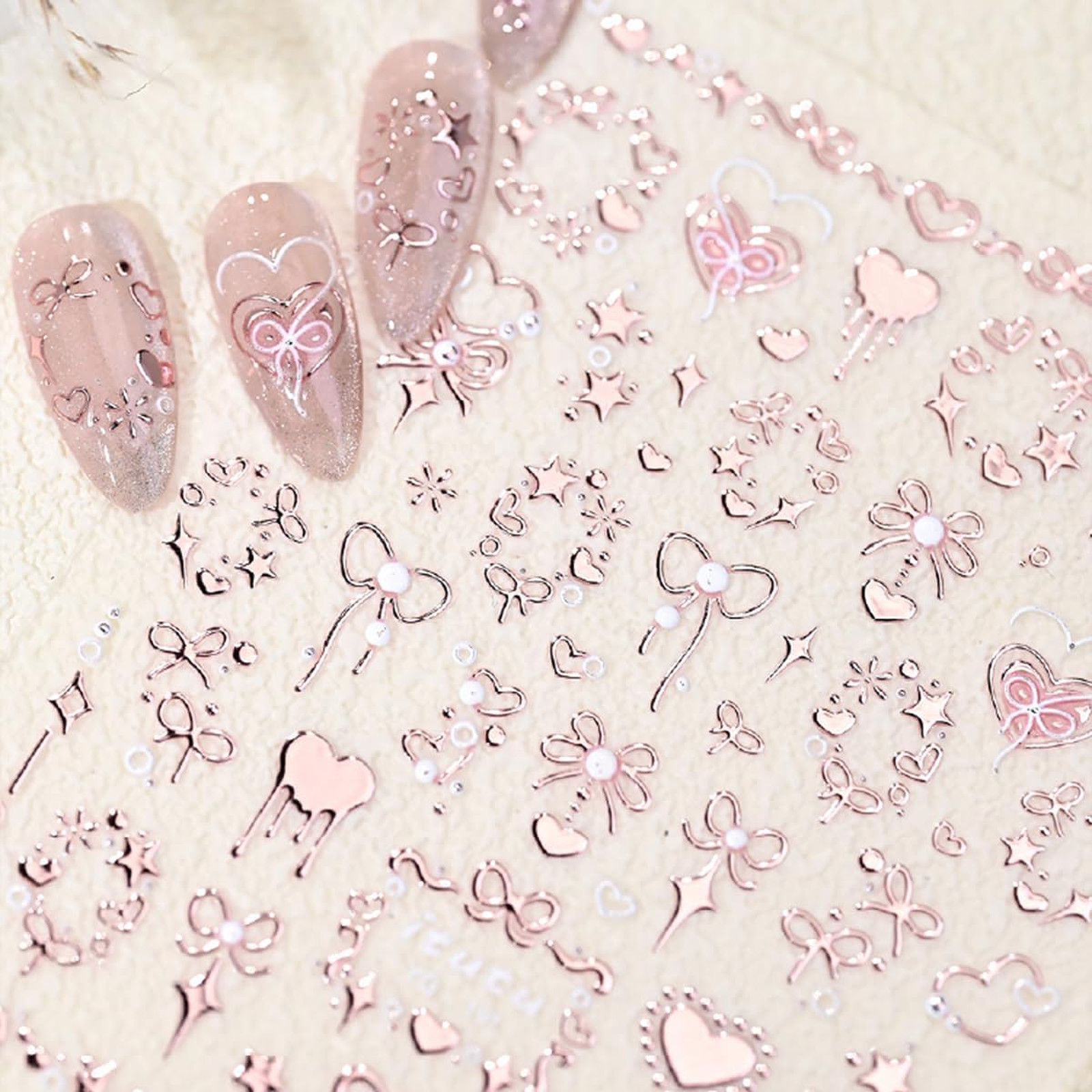 Valentine’s Nail Art Stickers Pink Bow 5D Embossed Heart Star Designs Nail