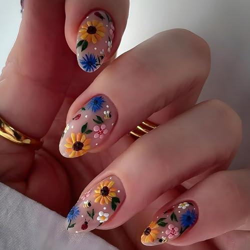 Flower Press on Nails Almond Medium Spring False Nails 3D Florals Design Full