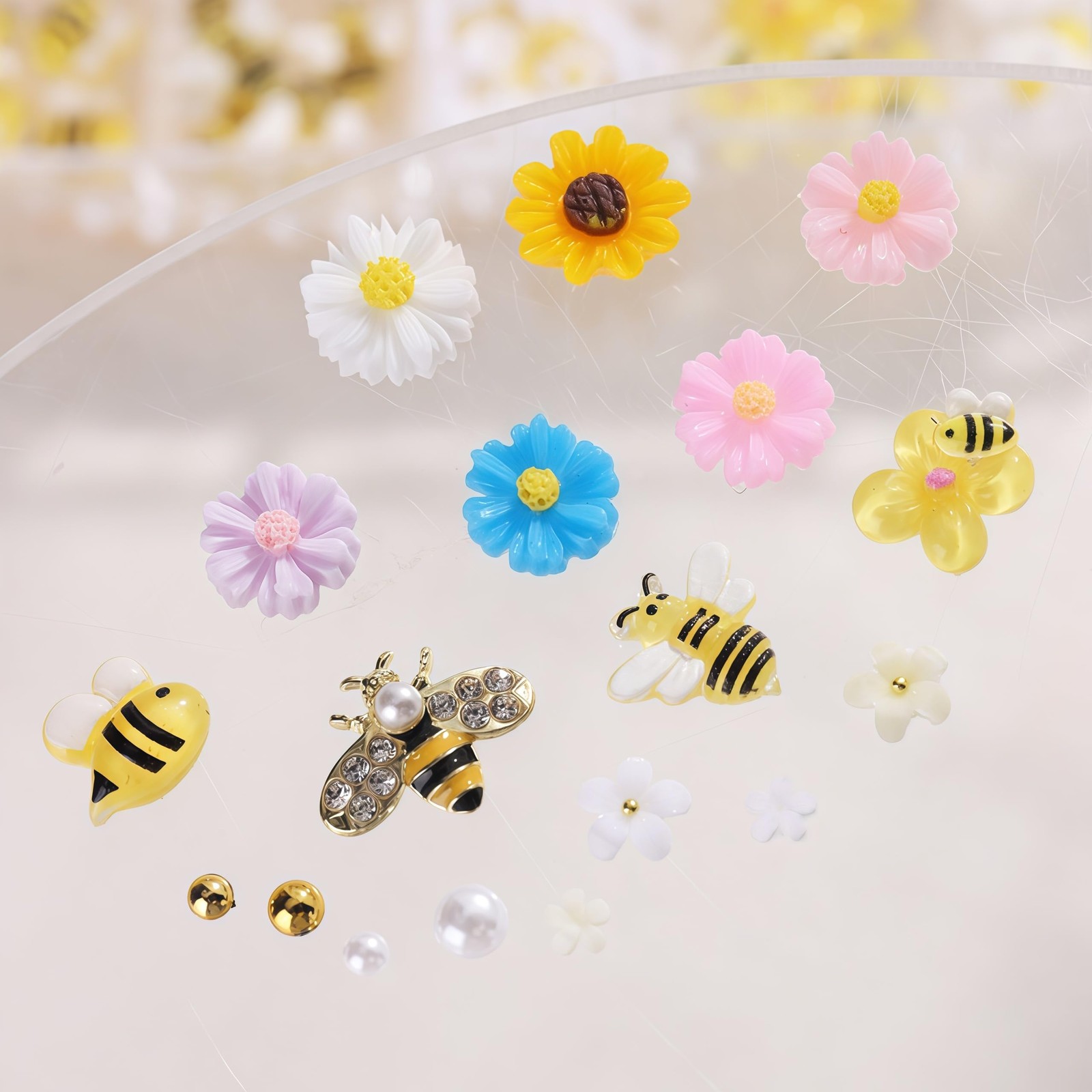 12 Grids Tiny Bee Nail Charms Resin Daisy Flower Nail Rhinestones 3D Gold All…