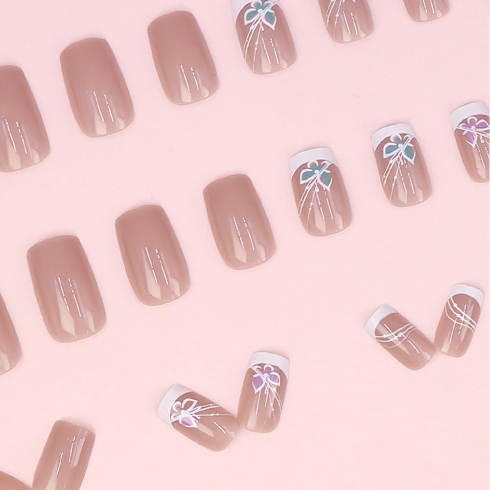 Short Press on Nails with Butterfly Style Design Full Cover Acrylic Fake blue