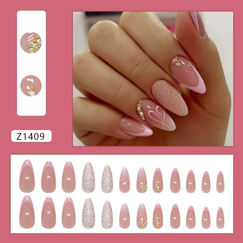 24PCS Almond For french Nails with Delicate Heart Design and For shimmer Finish