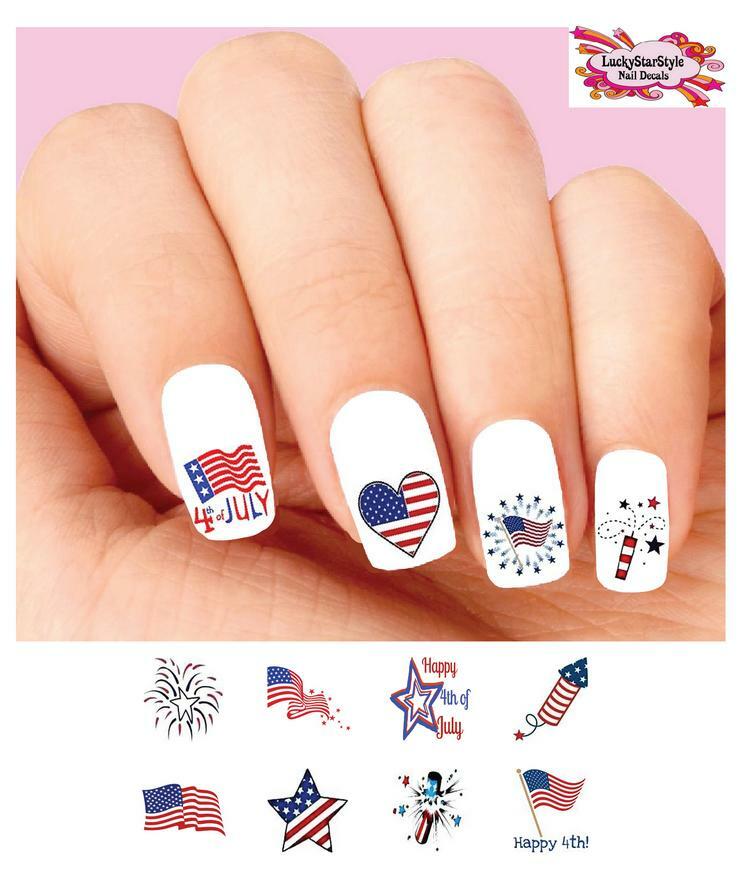 Waterslide Nail Decals Set of 48 – 4th of July Flag Fireworks Stars Assorted