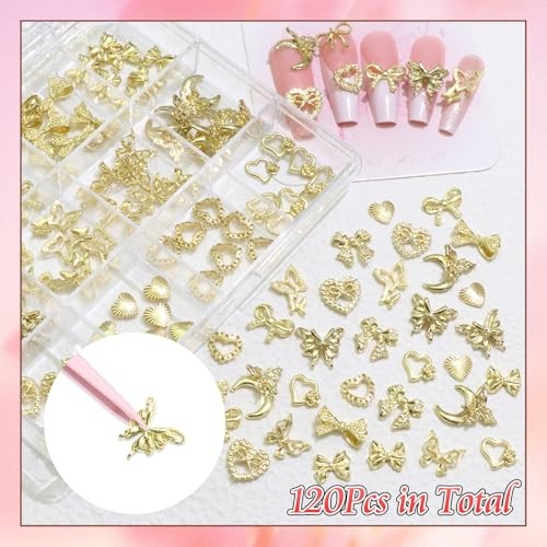 120 Pcs 3D Gold Nail Charms, 12Styles Alloy Bow 01 Gold Bow Heart Butterfly
