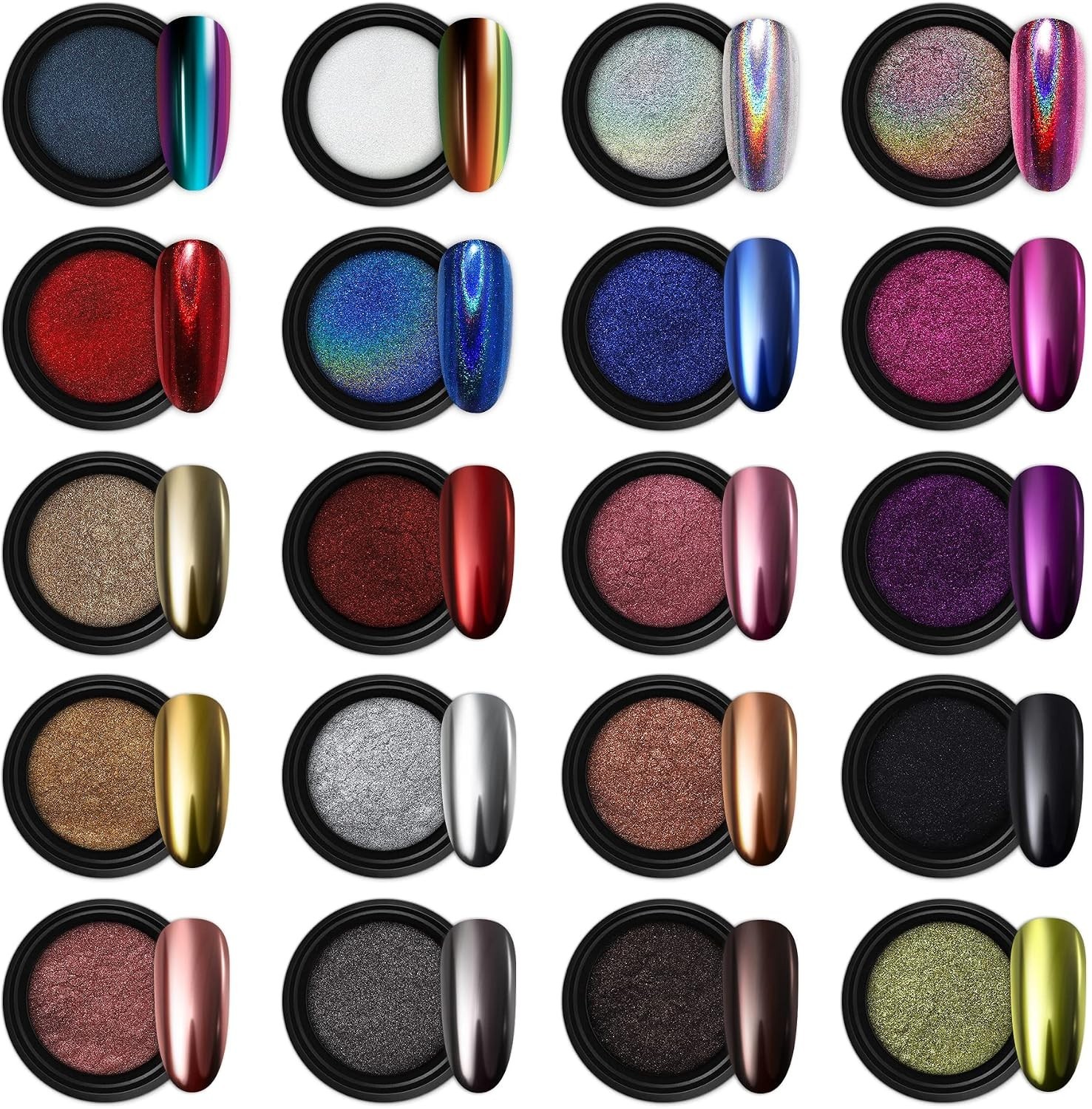 20 Jars Chrome Nail Powder Set Metallic Mirror Effect Holographic Aurora Cham…