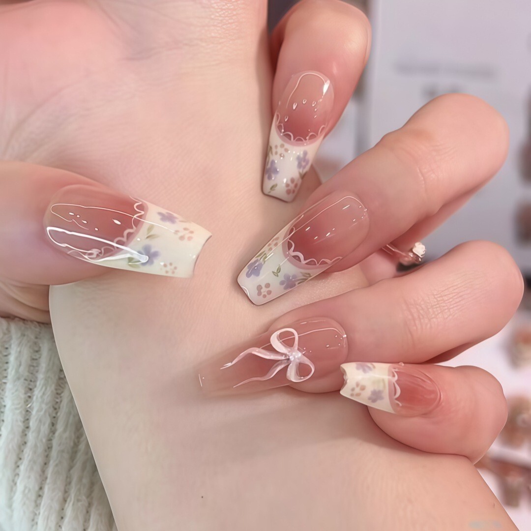 10Pcs Long Coffin False Press on Nails Blush Lace French Flower Fake Nails