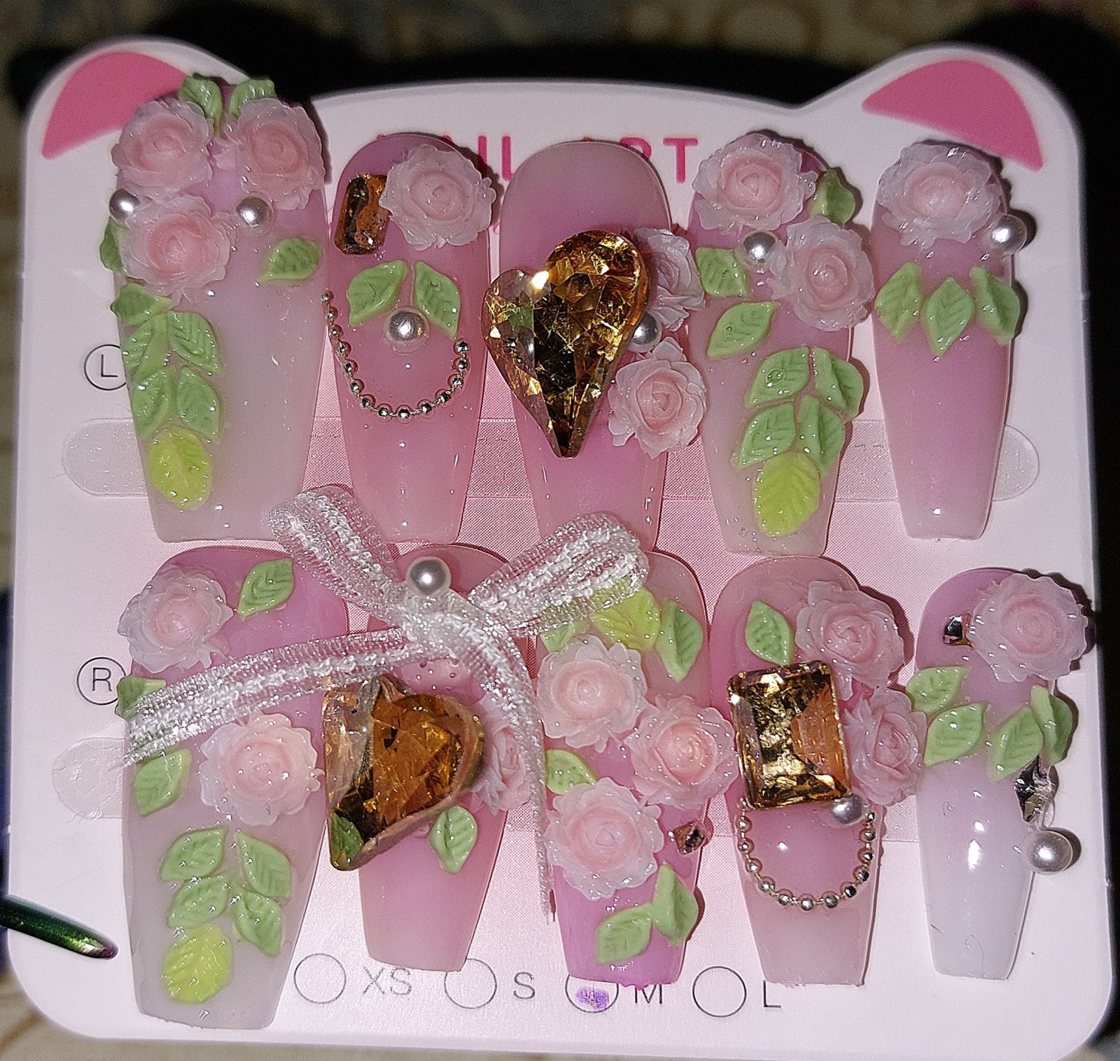 Handmade Press-On Nails Size Medium Pink With Roses Coffin Style 3-D