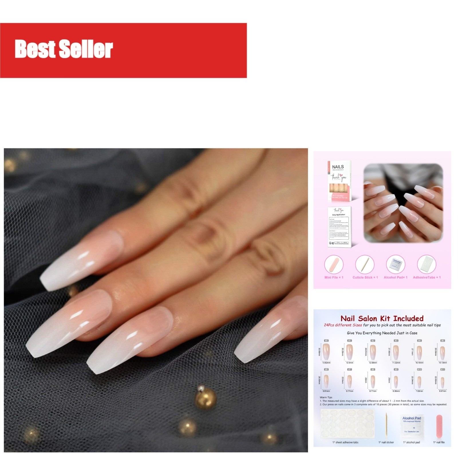 Coolnail Ombre Gradient Pink Nude White Press-On Nails Extra Long