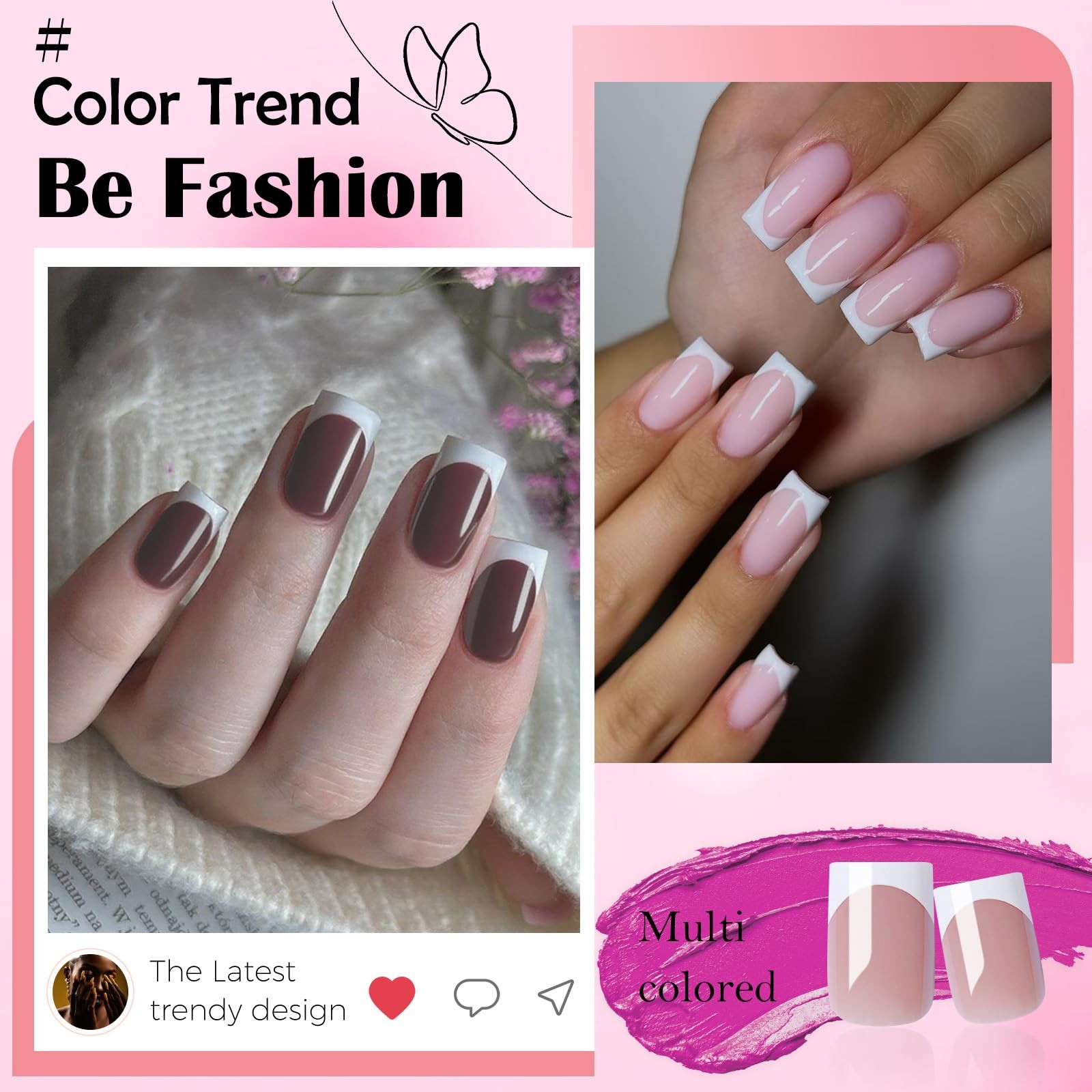 216pc White French Tips Press on Nails Medium Fake Nails Square, Pink Nude Me…