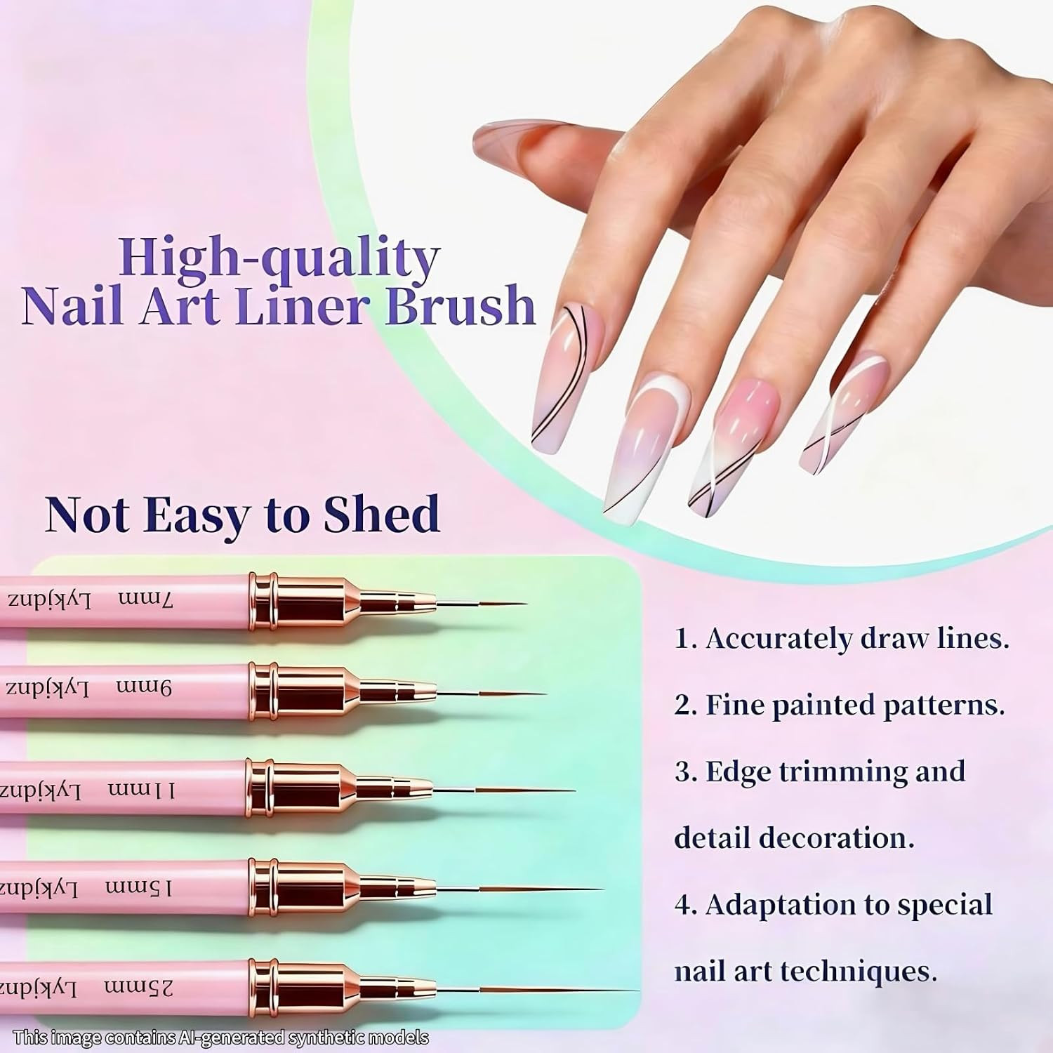 9Pcs Nail Art Brushes Set, 5 Pink Art Liners & 4 Multi-Shape Gel Brushes | Sizes