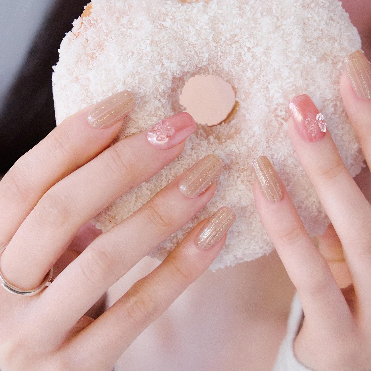 Semi Cured Gel Nail Strips (N Rosy Bow) – 3D, Magnet, Pink, Gold, Works with Any
