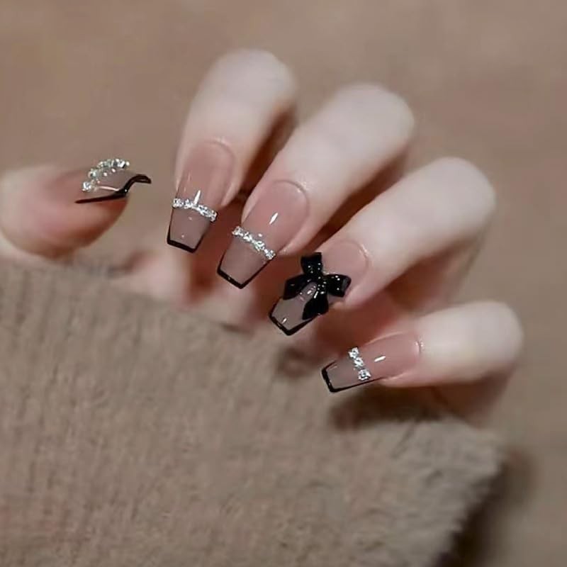 Black French Tip Press on Nails Medium Coffin Fake Nails with Bow, Style-25