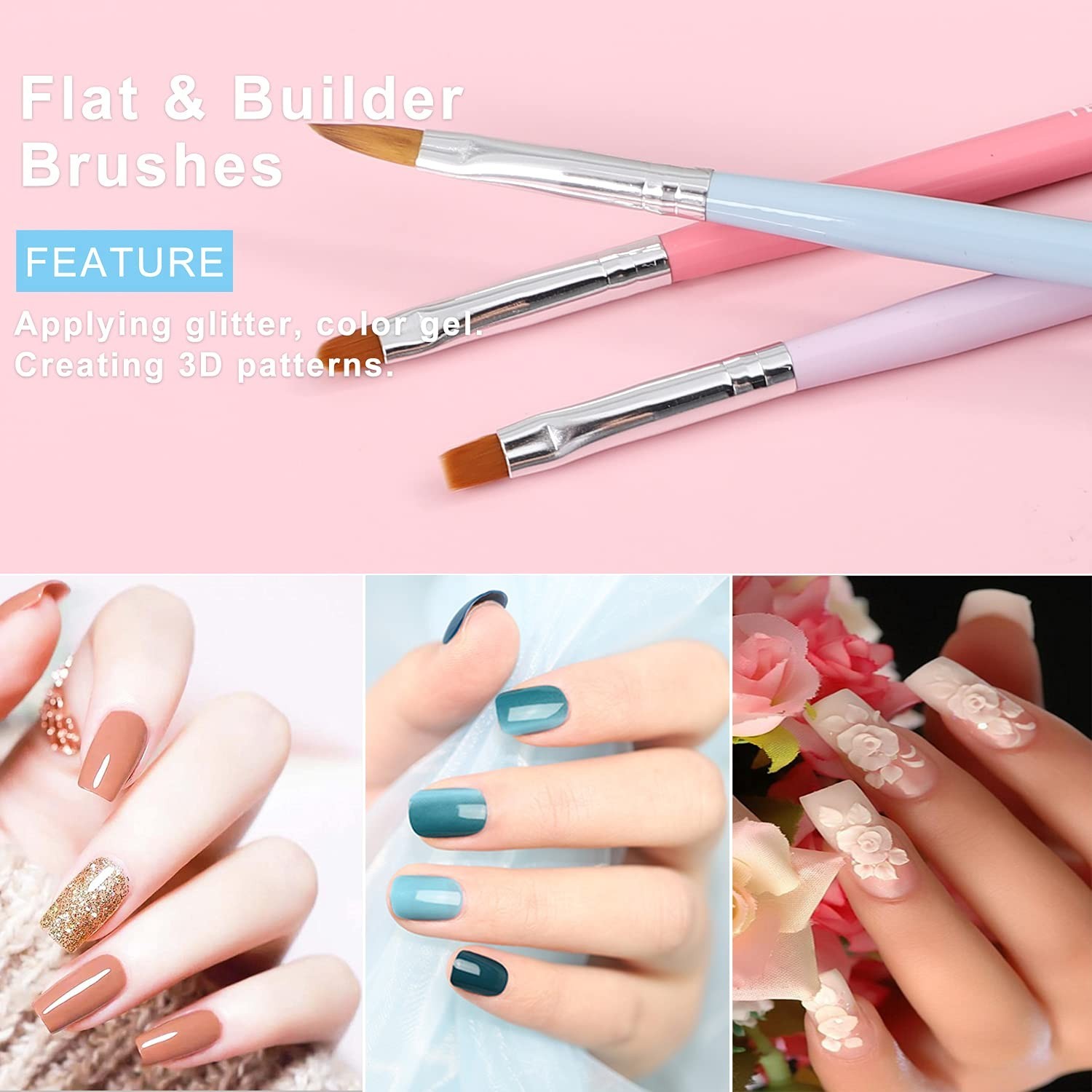Nail Art Brush Set with Round, Square, and Builder Gel Brushes for Nail Design