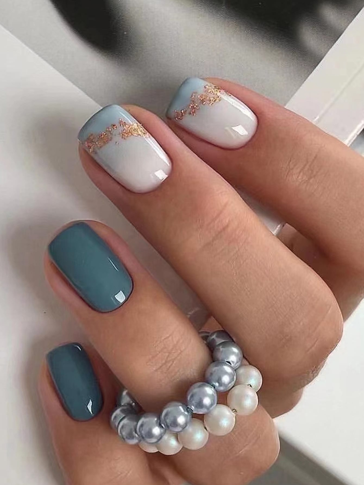 24pcs Short Square Turquoise Ombre Glitter Marble Print Fake Nail False Nails