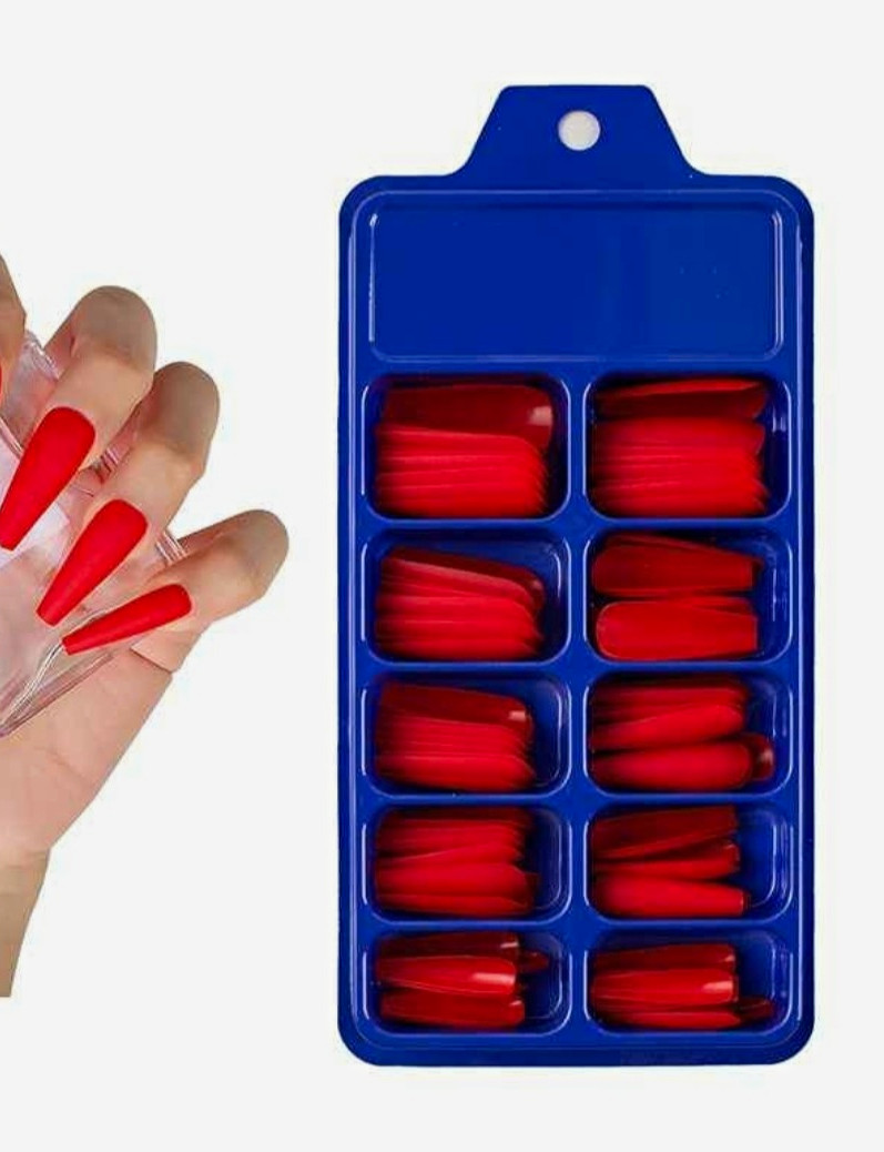 Red Matte Long Coffin Full Cover Artificial Nail Tips for Finger