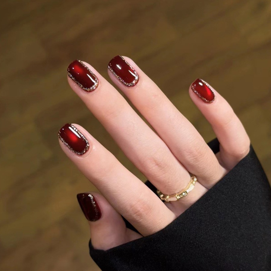60pcs-Press on Nails Wine Red Short Square Cat Eye Rhinestone Border Details