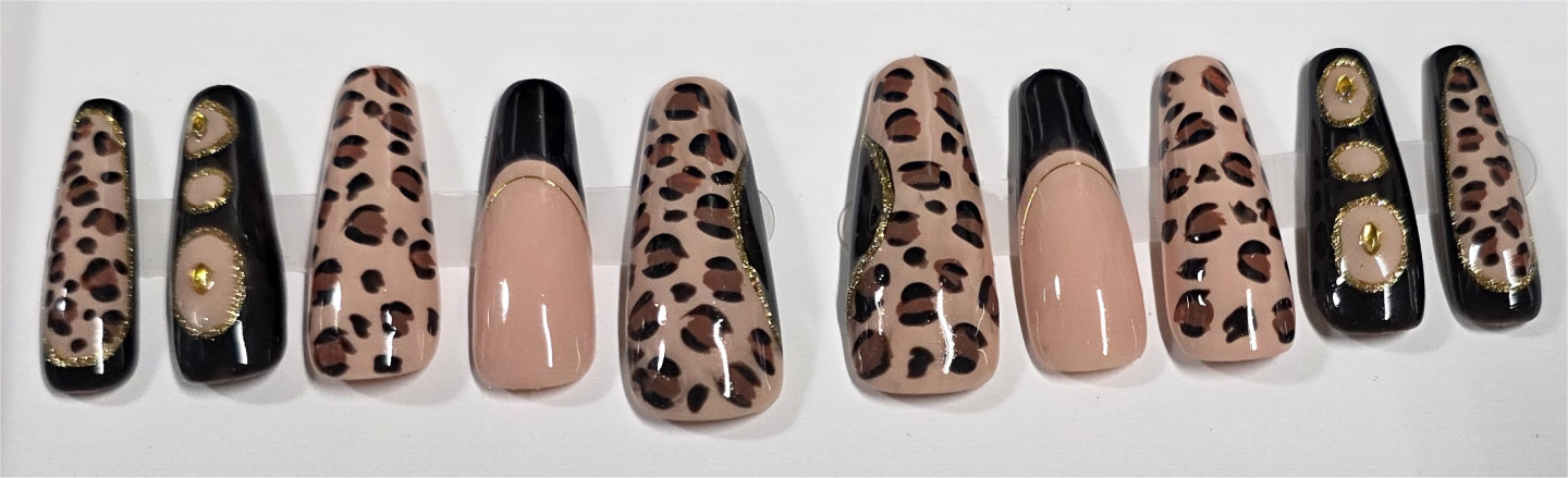 Press on Nails Coffin Leopard Print 10 Full Cover Nails Set + Kit Size Medium M