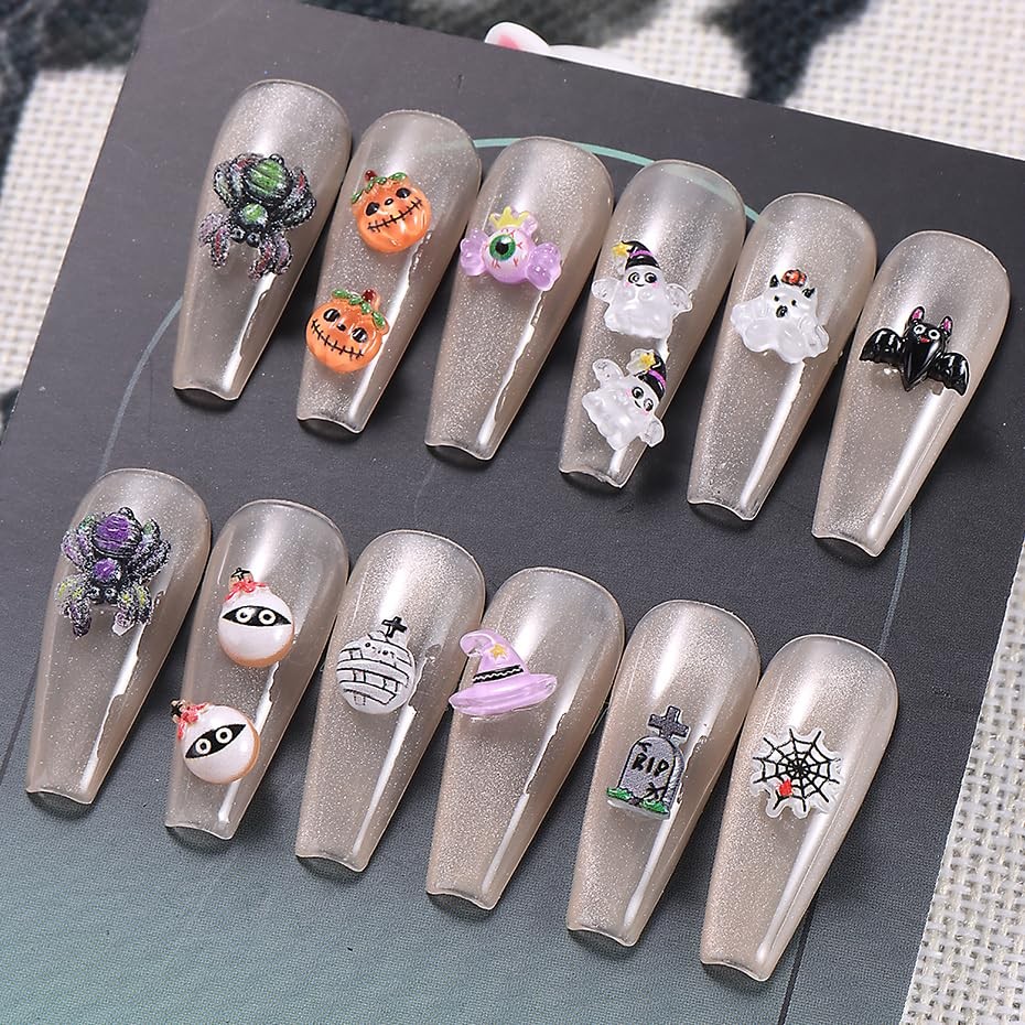 12 Grid Halloween Nail Charms Rhinestones Cute Spider Pumpkin Bat Resin Nail …