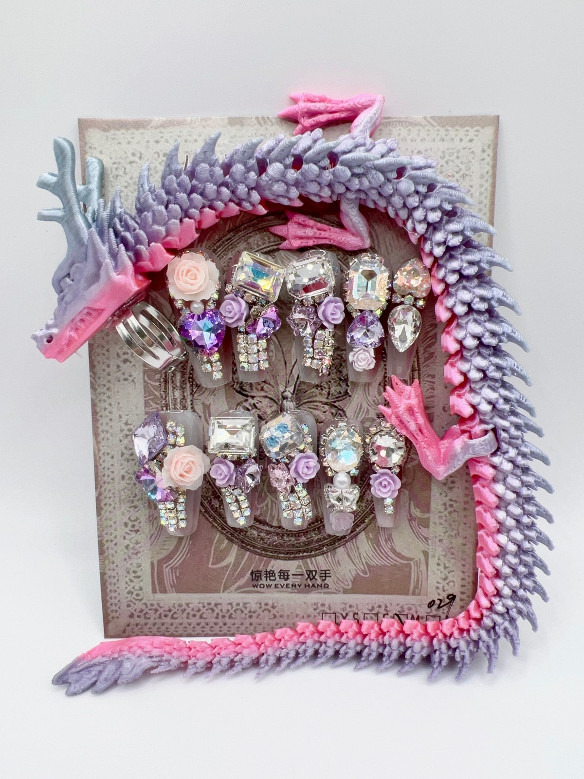Long Coffin Rhinestone Press-On Nails with 3D Flower Charms & Dragon Rings