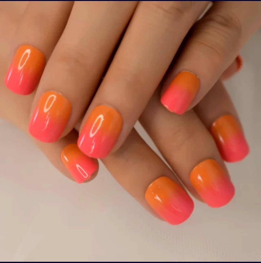 24 Short Sunset Ombre Press on nails kit glue Pink porange orange spring summer