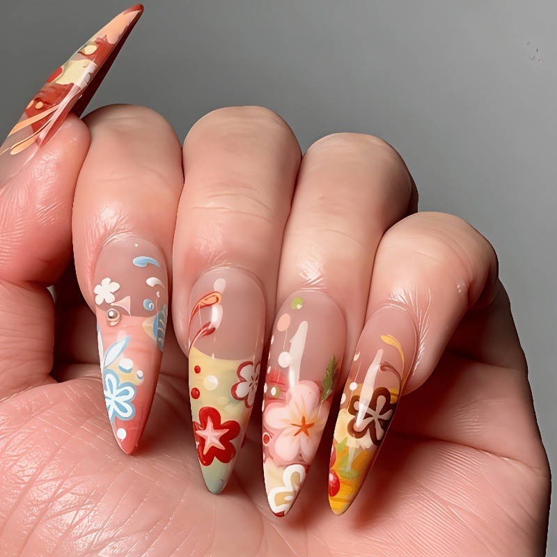 48pcs Press on Nails Vibrant Texture Petal Press On Nails, Ultra Long Wearable